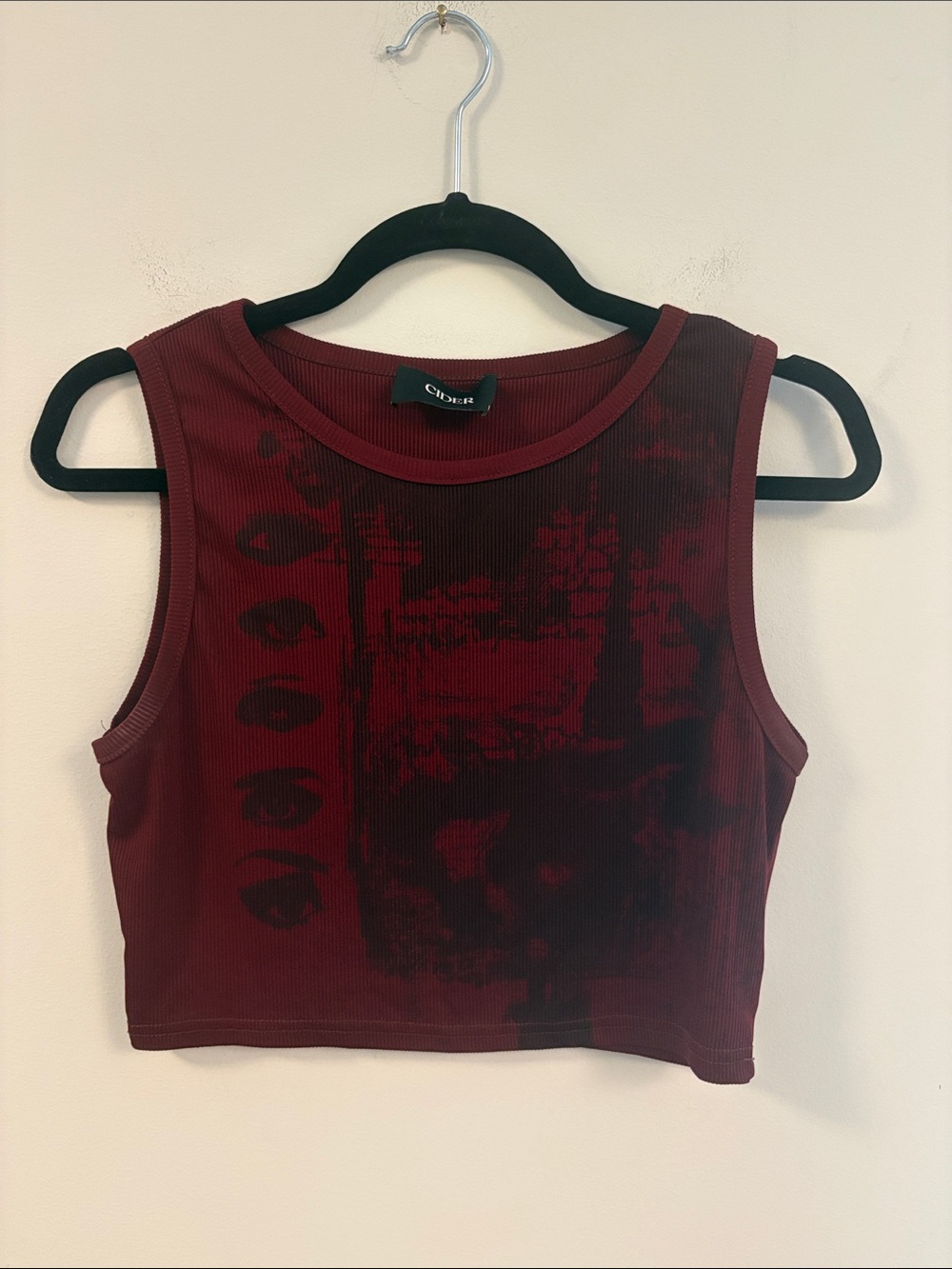 Cider Burgundy Graphic Crop Tank Top Y2K Grunge Ribbed Sleeveless Top Size L